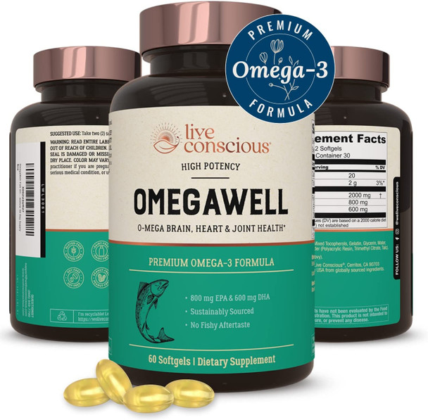 OmegaWell Omega 3 Fish Oil - 2000mg Capsules: Heart, Brain, & Joint Support - 800 mg EPA 600 mg DHA - w/ Natural Lemon Oil, Sustainably Sourced - Omega 3 Fish Oil Mini Softgels - 30 Day Supply