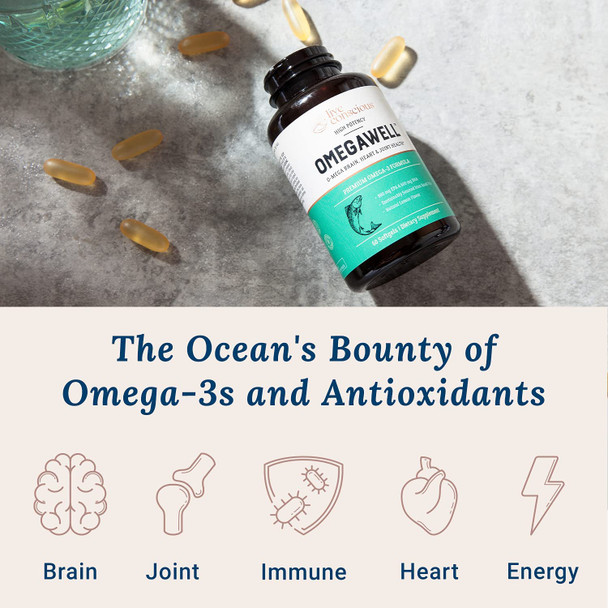 OmegaWell Omega 3 Fish Oil - 2000mg Capsules: Heart, Brain, & Joint Support - 800 mg EPA 600 mg DHA - w/ Natural Lemon Oil, Sustainably Sourced - Omega 3 Fish Oil Mini Softgels - 30 Day Supply