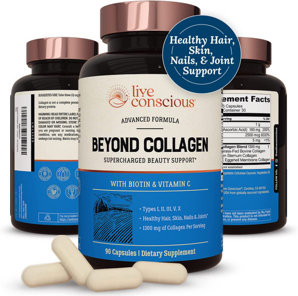 Live Conscious Beyond Collagen Multi Collagen Capsules - Types I, II, III, V & X | Hydrolyzed Blend with Biotin & Vitamin C for Hair, Skin, Nails 90 Capsules