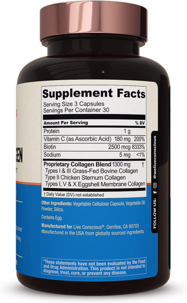 Live Conscious Beyond Collagen Multi Collagen Capsules - Types I, II, III, V & X | Hydrolyzed Blend with Biotin & Vitamin C for Hair, Skin, Nails 90 Capsules