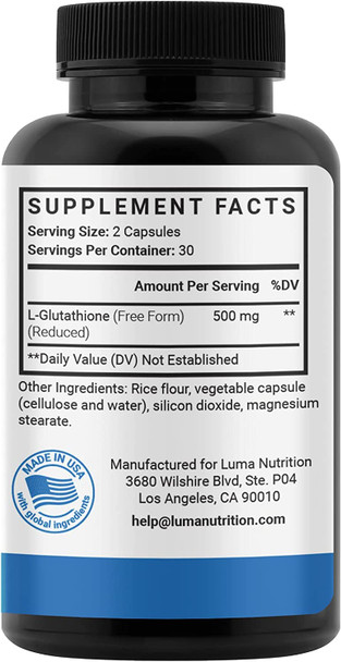 Premium Glutathione - Reduced Glutathione 500mg - Glutathione Supplement - L-Glutathione - Antioxidant Support - Liver Detox - 60 Capsules