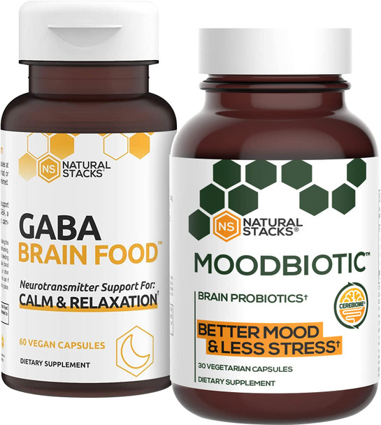 Natural Stacks GABA (60ct) and MoodBiotic Probiotics (30ct) for Deep Relaxation, Calmness, Better Mood, Gut Health - 3rd Party Lab Tested, Gluten-Free, Highly Bioavailable, Paleo-Friendly