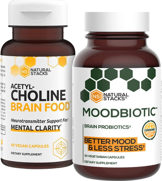 Natural Stacks Acetylcholine (60ct) and MoodBiotic Probiotics (30ct) for Clearing Brain Fog, Improve Mental Drive & Mood, Gut Health - Lab Tested, Gluten-Free, Highly Bioavailable, Paleo-Friendly