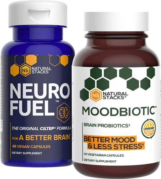 Natural Stacks NeuroFuel (45ct) and MoodBiotic Probiotics (30ct) for Focus, Memory, Motivation, Better Mood, Gut Health - 3rd Party Lab Tested, Gluten-Free, Highly Bioavailable, Paleo-Friendly
