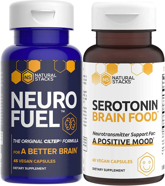 Natural Stacks Supplements Bundle - NeuroFuel Brain Supplement (45ct) and Serotonin Brain Food (60ct) - Improved Focus, Memory and Motivation, Better Mood and Relaxation