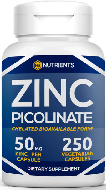 Zinc Picolinate 50 mg (250 Capsules) Chelated Zinc Supplements for Healthy Immune Support, Skin, and Eyes, Advanced Absorption Zinc Tablets, Bioavailable Non-GMO, Gluten Free, Dairy Free, Soy Free