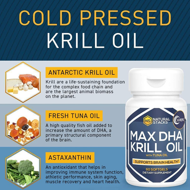 NATURAL STACKS Antarctic Krill Oil 1000mg Softgels - 60 ct. Fish Oil Supplements for Cardiovascular & Immunity Support - Krill Oil Supplement for Brain Health with Potent Antioxidant