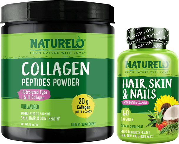 NATURELO Hair, Skin and Nails Multivitamin, 60 Count Collagen Peptide Powder, 45 Servings