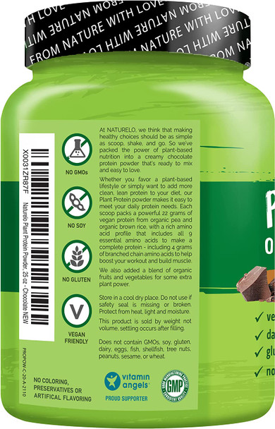 NATURELO Plant Protein Powder, Chocolate, 22g Protein - Non-GMO, Vegan, No Gluten, Dairy, or Soy - No Artificial Flavors, Synthetic Coloring, Preservatives, or Additives - 20 Servings