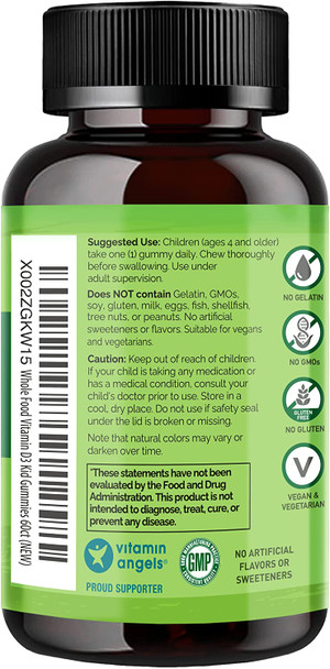 NATURELO Vegan D3 Gummies for Kids - 1000 IU Vitamin D3 - Plant-Based Whole Food Supplement for Children 4 and Older - 60 Vegan-Friendly Gummies