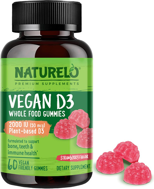 NATURELO Vegan D3 Gummies for Bone, Teeth, & Immune Health - 2000 IU Vitamin D3 - Plant-Based Whole Food Supplement - 60 Vegan-Friendly Gummies