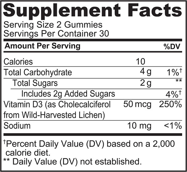 NATURELO Vegan D3 Gummies for Bone, Teeth, & Immune Health - 2000 IU Vitamin D3 - Plant-Based Whole Food Supplement - 60 Vegan-Friendly Gummies