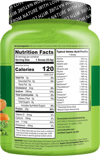 NATURELO Plant Protein Powder, Vanilla, 22g Protein - Non-GMO, Vegan, No Gluten, Dairy, or Soy - No Artificial Flavors, Synthetic Coloring, Preservatives, or Additives - 20 Servings