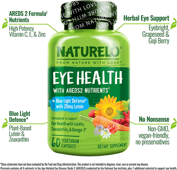 NATURELO Eye Vitamins - AREDS 2 Formula Nutrients with Lutein, Zeaxanthin, Vitamin C, E, Zinc, Plus DHA - Supplement for Dry Eyes, Healthy Vision, Eye Support - 60 Vegan Capsules