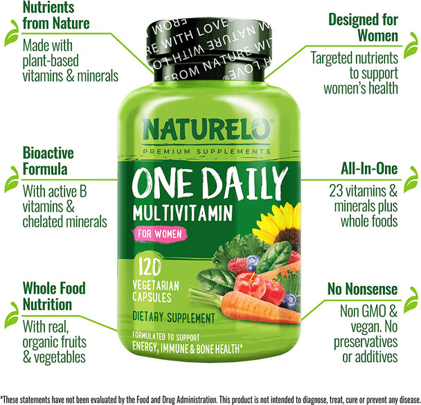 NATURELO One Daily Multivitamin for Women - Energy Support - Whole Food Supplement to Nourish Hair, Skin, Nails - Non-GMO - No Soy - Gluten Free - 120 Capsules | 8 Month Supply