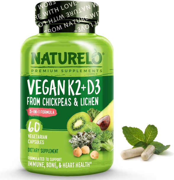 NATURELO Vegan K2+D3 - Plant Based D3 from Lichen - Natural D3 Supplement for Immune System, Bone Support, Joint Health - Whole Food - Vegan - Non-GMO - Gluten Free (60 Count (Pack of 1))