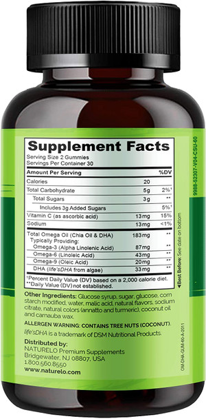 NATURELO Vegetarian DHA and Omega 3 Supplement from Algae and Chia Seed Oil for Heart, Brain and Joint Health - No Fish, Gelatin, or Artificial Sweeteners - 60 Gummies