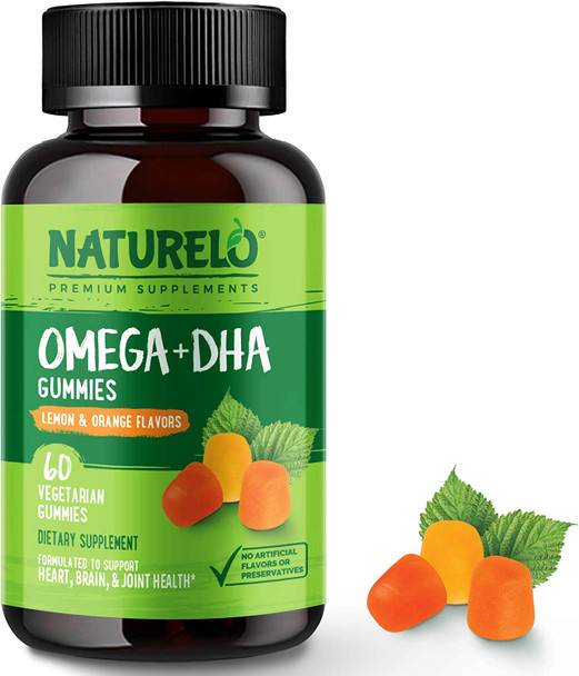 NATURELO Vegetarian DHA and Omega 3 Supplement from Algae and Chia Seed Oil for Heart, Brain and Joint Health - No Fish, Gelatin, or Artificial Sweeteners - 60 Gummies