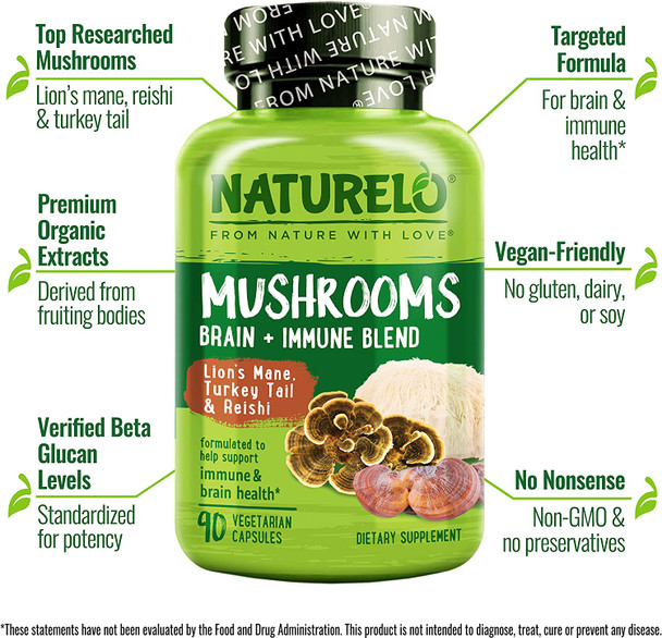 NATURELO Mushroom Supplement  Brain & Immune Health Blend with Lions Mane, Reishi, Turkey Tail  90 Vegan Friendly Capsules