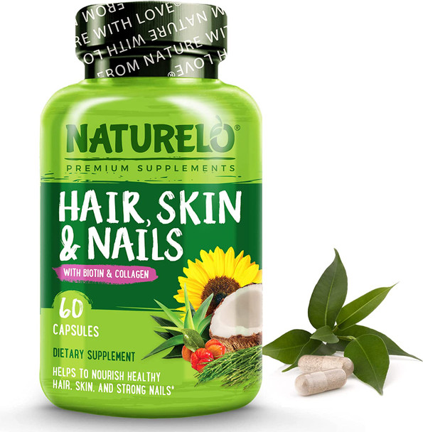 NATURELO Hair, Skin and Nails Vitamins - 5000 mcg Biotin, Collagen, Natural Vitamin E - Supplement for Healthy Skin, Hair Growth for Women and Men  60 Capsules