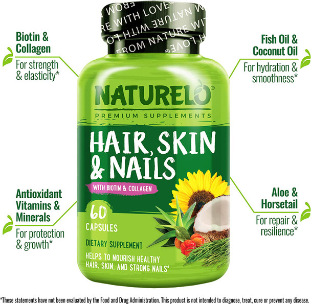 NATURELO Hair, Skin and Nails Vitamins - 5000 mcg Biotin, Collagen, Natural Vitamin E - Supplement for Healthy Skin, Hair Growth for Women and Men  60 Capsules