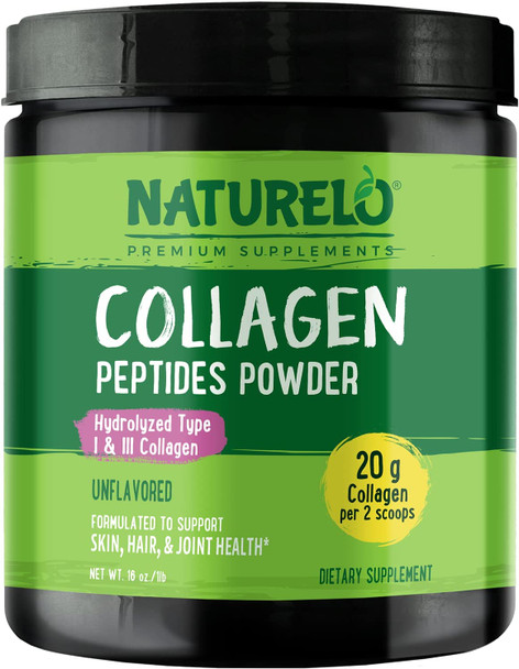 NATURELO Collagen Peptide Powder, Hydrolyzed Collagen Type I & III, Skin Hair & Joint Health - Unflavored, 16 Ounces - 45 Servings