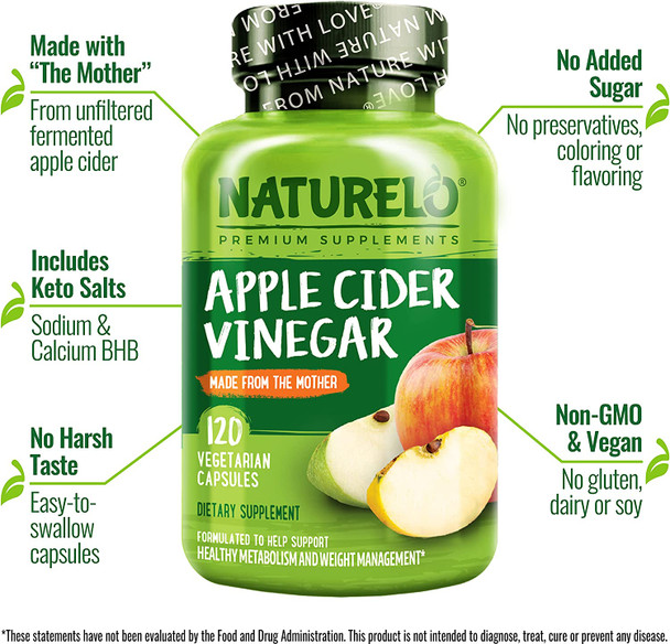 NATURELO Apple Cider Vinegar Capsules - Natural ACV with Mother Supplement for Men & Women for Detox, Cleanse and Weight Management - 120 Vegan Capsules