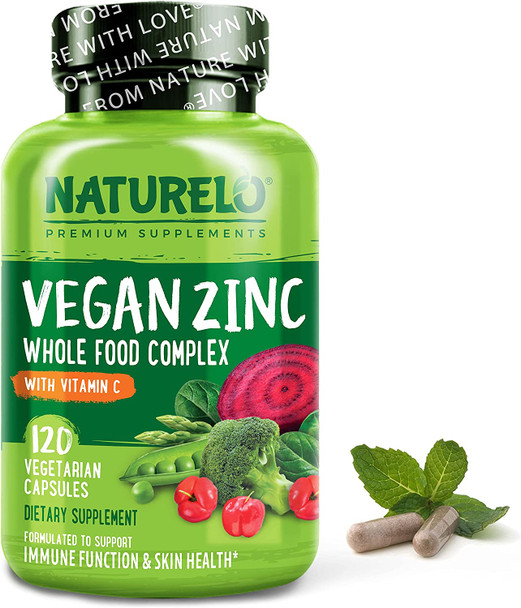 NATURELO Vegan Zinc Whole Food Complex Supplement with Vitamin C for Immune Support and Healthy Skin, Hair, and Nails - 120 Capsules