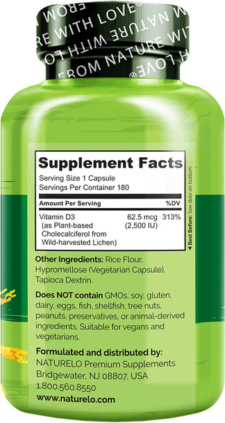 NATURELO Vitamin D - 2500 IU - Plant Based from Lichen - Natural D3 Supplement for Immune System, Bone Support, Joint Health - Vegan - Non-GMO - Gluten Free - 180 Mini Capsules