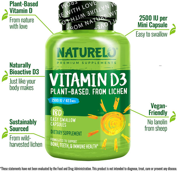 NATURELO Vitamin D - 2500 IU - Plant Based from Lichen - Natural D3 Supplement for Immune System, Bone Support, Joint Health - Vegan - Non-GMO - Gluten Free - 180 Mini Capsules