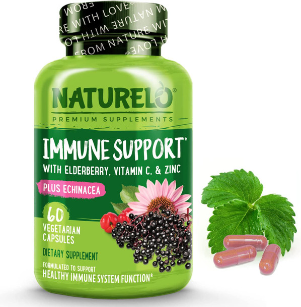 NATURELO Immune Support  Vitamin C, Elderberry, Zinc, Echinacea  Natural Immunity Boost w/ Antioxidant, Herbal & Mineral Defense - 60 Vegan Capsules