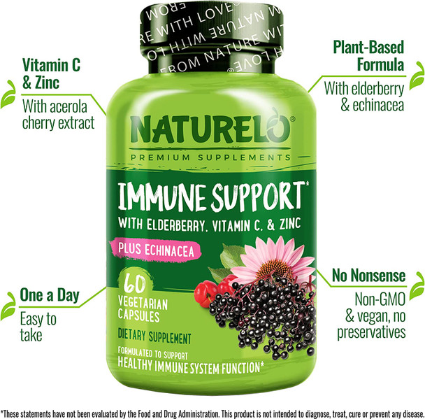 NATURELO Immune Support  Vitamin C, Elderberry, Zinc, Echinacea  Natural Immunity Boost w/ Antioxidant, Herbal & Mineral Defense - 60 Vegan Capsules