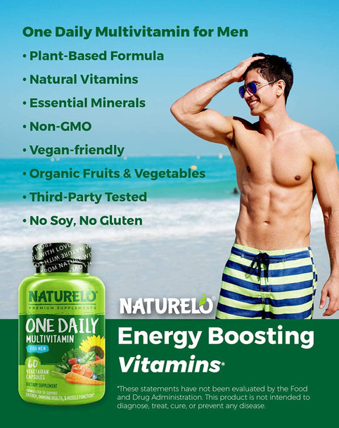 NATURELO One Daily Multivitamin for Men - with Vitamins & Minerals + Organic Whole Foods - Supplement to Boost Energy, General Health - Non-GMO - 180 Capsules