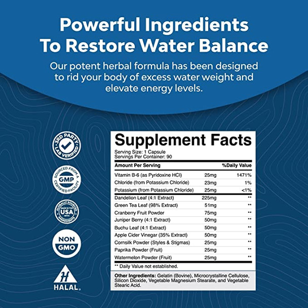 Water Away Pills Diuretic Supplements - Water Retention Pills for Kidney Cleanse Water Balance with Vitamin B6 Potassium Chloride Dandelion Root and Green Tea Extract - Water Pills for Men and Women