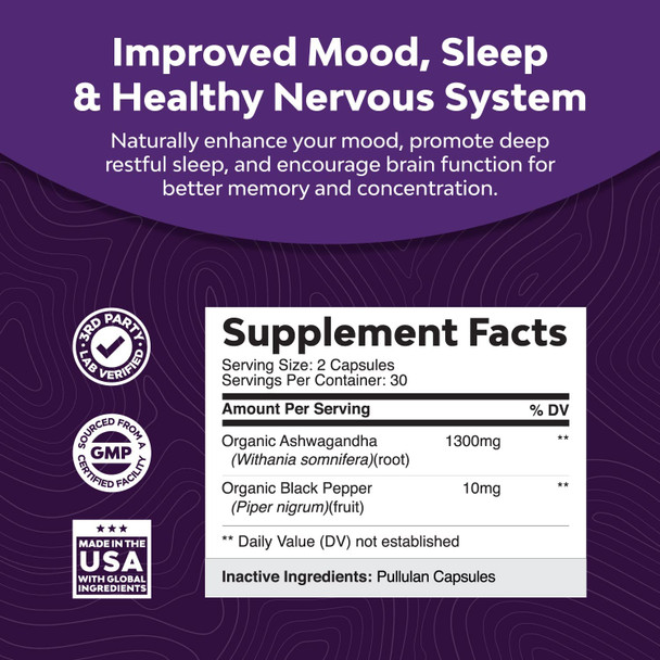 Mood Enhancer Organic Ashwagandha Capsules -Vegan Ultimate Relaxation Pure Ashwagandha Powder for Thyroid Energy Focus and Adrenal Support -Premium Ayurvedic Adaptogen Ashwagandha for Men and Women