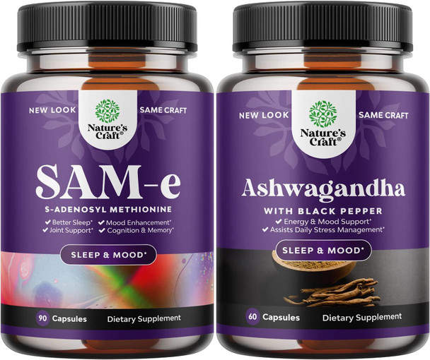 Bundle of Pure SAM-E Nootropic Brain Supplement and Mood Enhancer Organic Ashwagandha Capsules - Brain Support Supplement - Thyroid Energy Focus and Adrenal Support