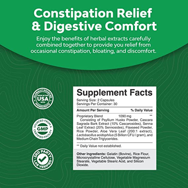 Natures Craft's Herbal Laxative Capsules with Probiotics  Natural Colon Detox Digestive Support System Clean  Psyllium Husk Powder Senna Leaf Cascara Sagrada  Triple Herb Cleanse Pills