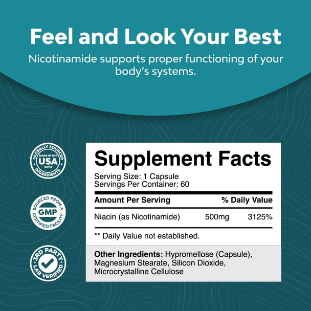 Vitamin B3 Nicotinamide 500mg Capsules - Mitochondrial Energy and Anti Aging Skin Supplement - AKA Vitamin B3 Niacin 500mg Flush Free and Niacinamide 500mg - Flush Free Niacin Supplement - 60 Count