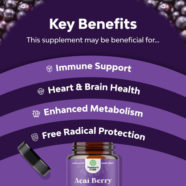 Natures Craft Acai Berry Antioxidant Support Weight Loss Supplement for Women and Men - Vitamins Minerals Antioxidant Formula Supports Immune System and Boost Energy Cognitive Health 60 Capsules