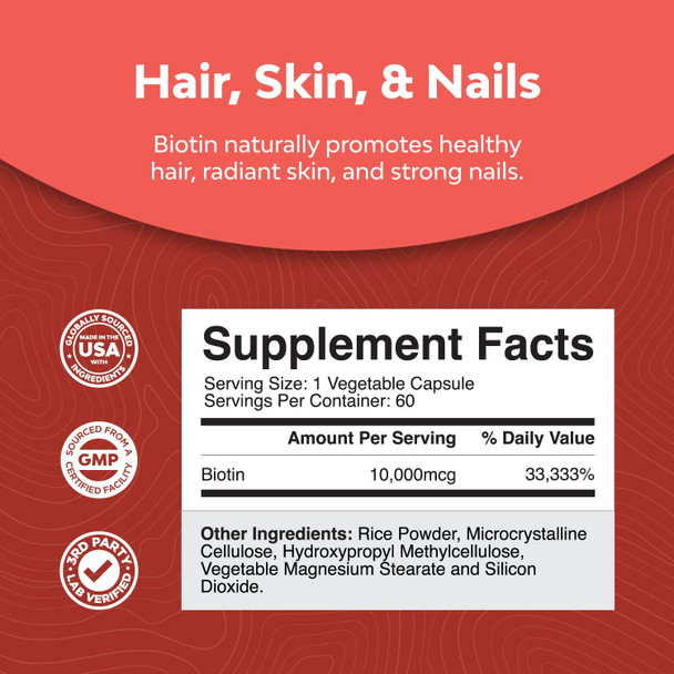10000 mcg Pure Biotin Pills for Women Men - Stop Hair Loss Thinning Natural Supplement for Shiny Thick Hair Growth - Vegetarian Vitamin Capsules - Get Clear Skin Strong Nails by Natures Craft