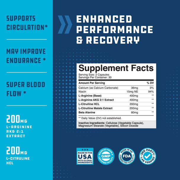 Pre Workout Nitric Oxide Supplement - Extra Strength L Arginine L Citrulline Supplement with Beta Alanine Nitric Oxide Booster for Enhanced Performance Strength Vascularity and Muscle Recovery
