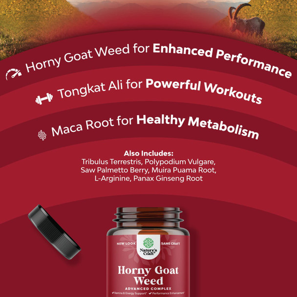 1000 mg Horny Goat Weed Supplement for Drive and Stamina - Halal Epimedium with Tongkat Ali Maca Root Ginseng Saw Palmetto - Boosts Performance for Men and Women 90 Capsules by Natures Craft