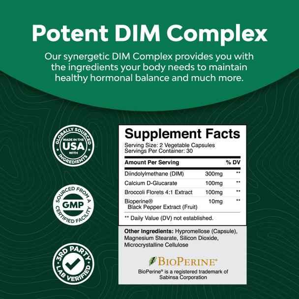 Extra Strength Diindolylmethane Dim Supplement - 300mg DIM Hormone Balance for Women and Men - Balancing Estrogen Supplement for Women and Men for Menopause and Metabolism Support - 30 Servings