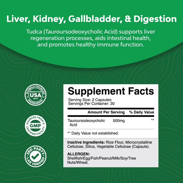 Advanced TUDCA Liver Support Supplement - Extra Strength TUDCA 500mg Bile Salts for Gallbladder Liver and Kidney Support - Liver and Gallbladder Cleanse Tauro Ursodeoxycholic Acid TUDCA Supplement