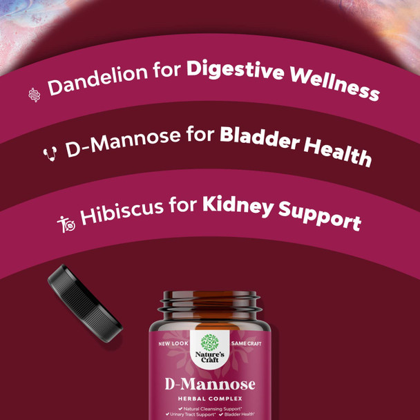 D Mannose with Cranberry Extract Capsules - D Mannose Capsules for Kidney Cleanse Liver Support and Urinary Tract Health for Women - D-Mannose 1000mg Capsules with Hibiscus and Dandelion 60 Count