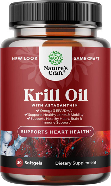 Antarctic Krill Oil Softgels - High Absorption Krill Oil Omega 3 Fatty Acid Supplement with Potent EPA DHA Astaxanthin and Phospholipids - Wild Caught Burpless Fish Oil Omega 3 Supplement (30 Count)