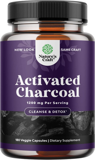 Cleanse and Detox Activated Charcoal Capsules - Purifying Detox Pills with 1200mg Coconut Charcoal Powder for Bloating Relief and Body Detox Cleanse - Active Charcoal for Gut Health - 180 Count