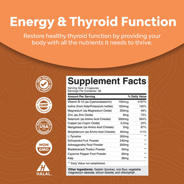 Herbal Thyroid Support Complex - Iodine Thyroid Supplement with L Tyrosine Bladderwrack Kelp Selenium and Ashwagandha - Mood Enhancer Energy Supplement for Thyroid Health - 60 Halal Capsules