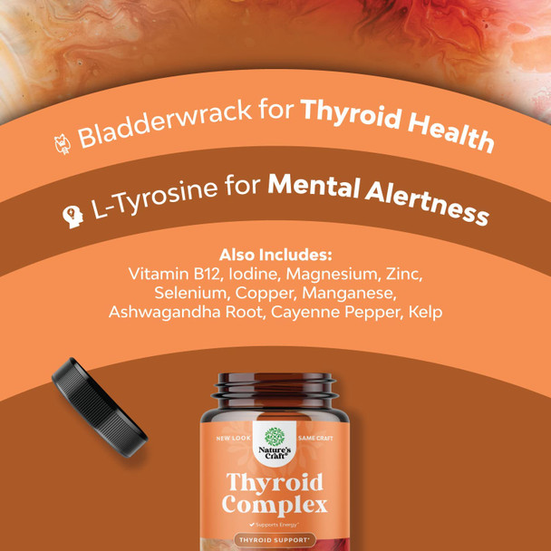 Herbal Thyroid Support Complex - Iodine Thyroid Supplement with L Tyrosine Bladderwrack Kelp Selenium and Ashwagandha - Mood Enhancer Energy Supplement for Thyroid Health - 60 Halal Capsules