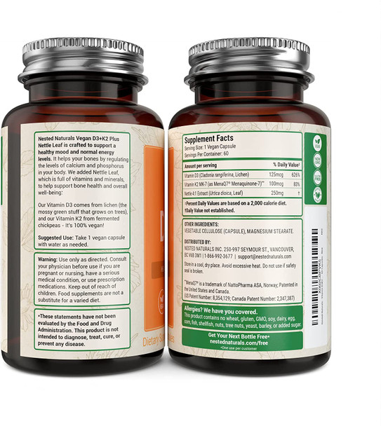 Nested Naturals Vitamin D3+K2 | Supports a Healthy Immune System, Heart, & Strong Bones | 100% Vegan & Non GMO | 5000 IU Vitamin D3 from Lichen with 100 mcg Vitamin K2 MK-7 - 60 D3K2 Capsules